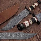 Custom Made Damascus Steel Bowie Knife w/ Buffalo Horn Handle w/Sheath