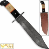 White Deer Hulking Damascus Bowie Knife Handmade w Guard XXL Grip