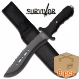 Case of 6pcs Sawback Survivor Ultimate Extractor Bowie Survival Knife Black Glass Breaker
