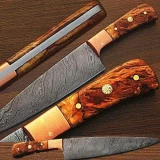 Custom Made Damascus Copper Guard Chef Knife Olive Wood Handle