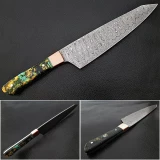 Damascus Steel Santoku Forged Chef Knife Hazel Resin Grips by White Deer