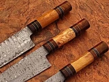White Deer Custom Made Damascus Chef Knife Set of 3 Knife Olive Wood Handle