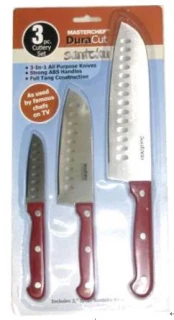 Master Chef 3 Piece Stainless Steel All Purpose Santoku Knives - Red