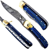 Damascus Blue Lever Lock Auto Knife With Blue Frost Wood Handle