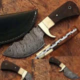 Damascus Steel Fixed Blade Skinner Knife w/ Walnut Wood & Camel Bone Handle