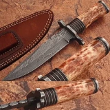 Custom Made Damascus Steel Hunting Knife w/ Bone Handle & Guard