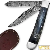 White Deer Master Trapper Damascus Knife Blue Giraffe Bone Folding Dual Blade