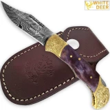 WHITE DEER Lockback Damascus Folding Knife Purple Giraffe Bone Handle Engraved Bolster