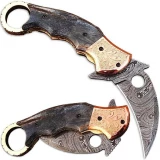 Ka-Rambo Damascus Folding Knife (Karambit) Giraffe Bone w Engrav