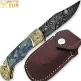 WHITE DEER Lockback Damascus Folding Knife Grey Giraffe Bone Handle Engraved Bolster