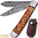 White Deer Master Trapper Damascus Knife Cocobolo Wood Folding Dual Blade