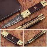 Signiture Executive Series Italian-Style Damascus Folding Knife ENGRAVED Brass Bolster Rainwood Grip