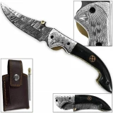 WHITE DEER Bird of Prey Damascus Folding Knife White Copper Bolstering