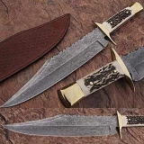 Custom Made Damascus Steel Bowie Hunting Knife w/ Stag Horn Hand