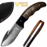White Deer Damascus Gut Hook Skinner Knife w/ Wood And Buffalo Horn Handle