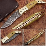 Executive Series Folding Damascus Gurkha Knife High-End Camel Bone w Brass