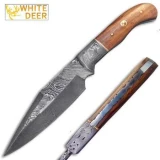 White Deer Custom Made Damascus Hunting Knife w/ Walnut-Wood Handle