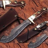 Custom Made Damascus SteelGut Hook Hunting Knife W/ Stag Handle