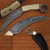 Custom Made Damascus Karambit Knife Bone Handle Beautiful Mosaic