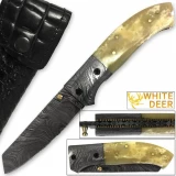 White Deer Spey Point Wharn-Blade Folding Damascus Knife Buffalo Bone Handle