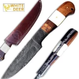 White Deer Custom Made Damascus SkinnerKnife w/ Full Tang Bone Walnut-Wood