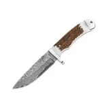 Boker USA Hunter with Stag Handle, Damascus Blade, and Leather Sheath