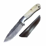 Damascus Steel Bone Handle Hunting Knife With Steel Bolster