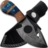 Custom Made Damascus Steel Gut Hook Hunting Skinner Knife w/ Leather Sheath