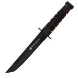 Smith & Wesson Tactical Knife with Leather Handle, Black Blade, and Le