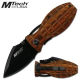 3851 Grenade Style Knife Wood Frag Grip Folding Stainless Steel Blade