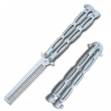 Satin Silver Stainless Steel Folding Butterfly Balisong Comb Trainer