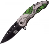 Dark Side 4.5" Black Blade Folder-Gray Aluminum Green Skull Handle