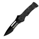 Smith & Wesson Black Ops 2, Black Aluminum Handle, Black Single Blade Combo Edge Pocket Knife