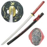 Hand Sharpened Carbon Steel Katana With Carved Red Dragon Scabba