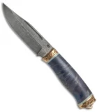 Olamic Cutlery Voykar HT4 Fixed Blade Knife Blue Karelian Birch (4.75" Damascus)