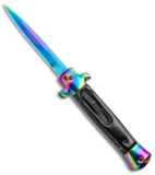 9" Italian Stiletto OTF Auto Knife Black Acrylic Rainbow Bolster (3.5" Rainbow)