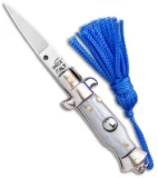 SKM  Italian Stiletto Keychain Automatic Knife Silver/Blue (1.125" Satin)