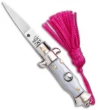 SKM  Italian Stiletto Keychain Automatic Knife Silver/Pink (1.125" Satin)
