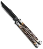 Bear Butterfly Knife w/ Genuine Stag Handle (4" Black Plain ) 517