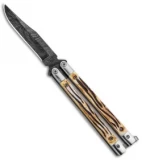 Bear Butterfly Knife w Stag Handle Damascus Blade (4" Plain) 517D
