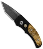 Pro-Tech Custom Runt J4 Tanto Automatic Knife Box Elder Burl (1.9" Damascus)