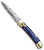 9"  Leverlock Dagger Automatic Stiletto Knife Blue Wood (3.8" Damascus)