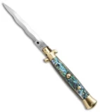 AGA Campolin 10" Italian Stiletto  Auto Knife Abalone Brass (4.5" Satin Kriss)