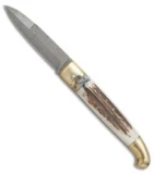 AGA Campolin Brass Lever Lock Automatic Knife Stag Horn  (3.75" Damascus)
