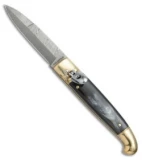 AGA Campolin Brass Lever Lock Automatic Knife Dark Horn  (3.75" Damascus)