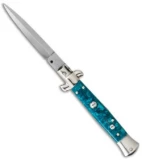 SKM AB 9" Italian Stiletto Automatic Knife Turquoise Acrylic (3.8" Satin Dagger)