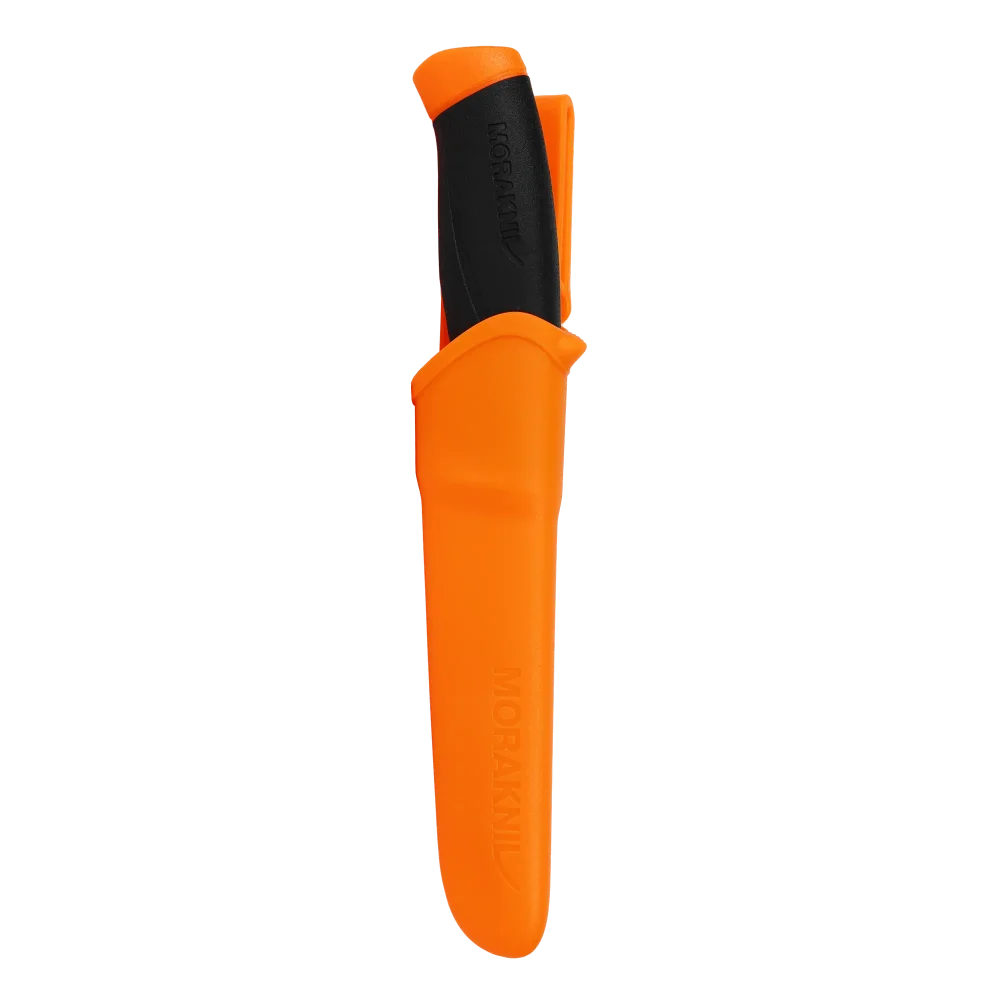 Morakniv Companion (S) knife in its orange sheath, manufacturer photograph