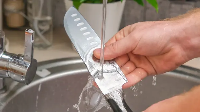 person cleans and sanitizes a knife under running water at a sink