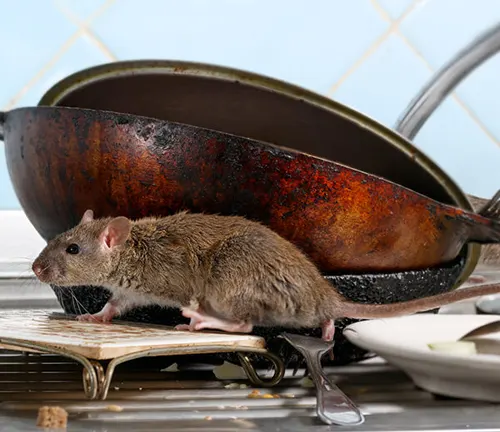 rat near dirty kitchenware on a counterto