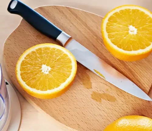 knife next to freshly cut orange halves on a wooden cutting board